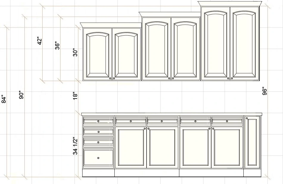 Vilken är standardhöjden på köksskåp? Diagram som visar höjdmåtten för de övre köksskåpen, med höjderna 30”, 36” och 42” samt 18” fritt utrymme över bänkskivan.