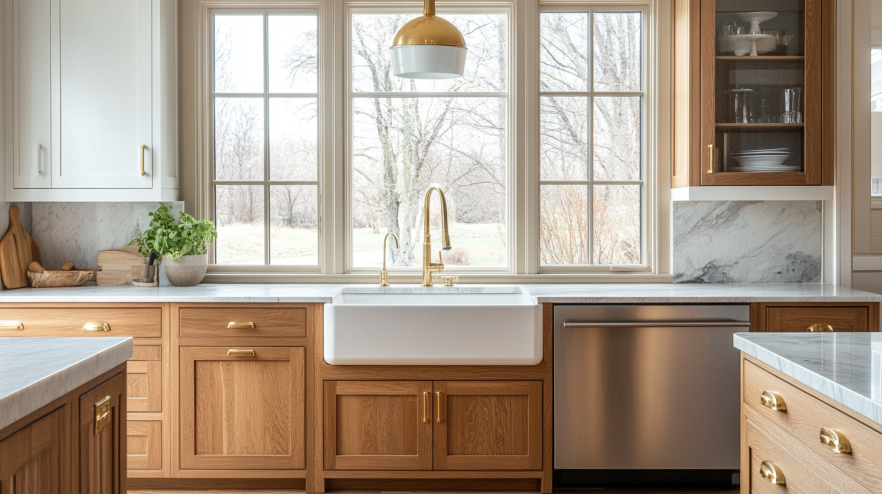 Farmhouse kitchen with vintage metal hardware, including brass knobs and faucets, white wood countertops