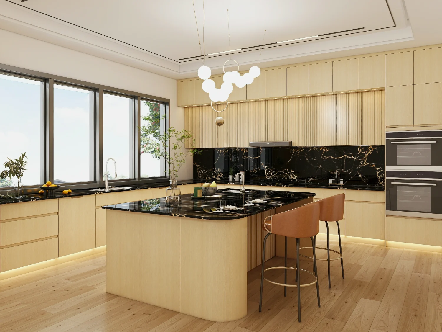 warm wood kitchen cabinet colors in Saudi Arabia with black marble countertops and modern lighting