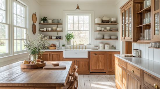 Farmhouse kitchen with warm wood-tone cabinets, a farmhouse sink, and open shelving showcasing rustic elements.