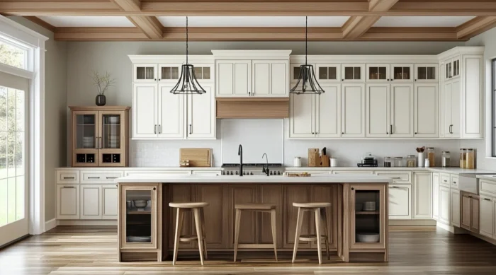 Modern kitchen showcasing KraftMaid white cabinets with a maple island on hardwood floors.