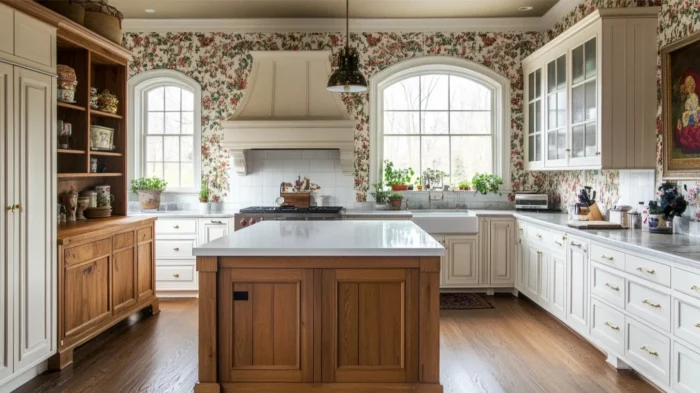 Schrock kitchen with white cabinets and oak island, featuring floral wallpaper