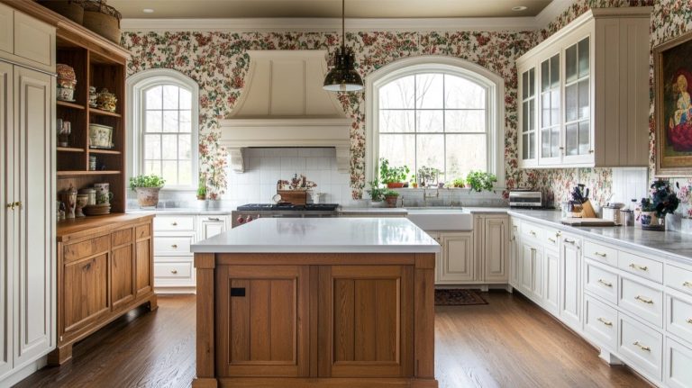 Schrock kitchen with white cabinets and oak island, featuring floral wallpaper
