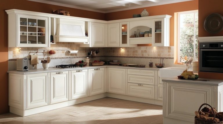 White American Woodmark cabinets in kitchen with tile backsplash