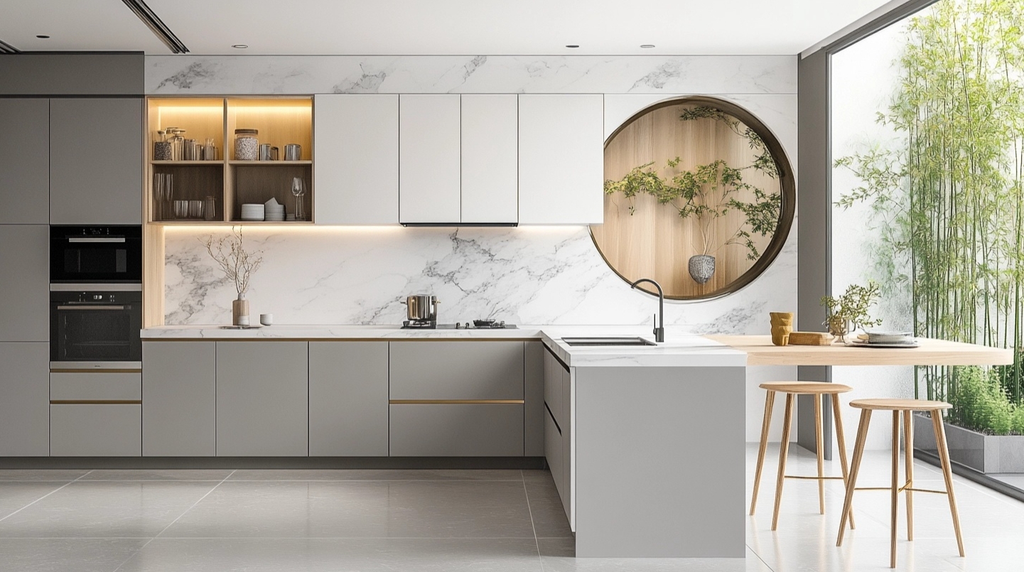 Modern kitchen with Borcci kitchen cabinets in gray and white and bamboo view
