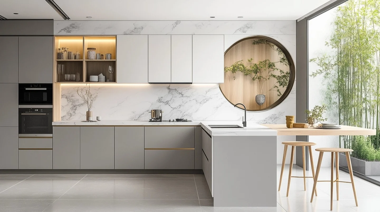 Cocina moderna con gabinetes de cocina Borcci en gris y blanco y vista de bambú.