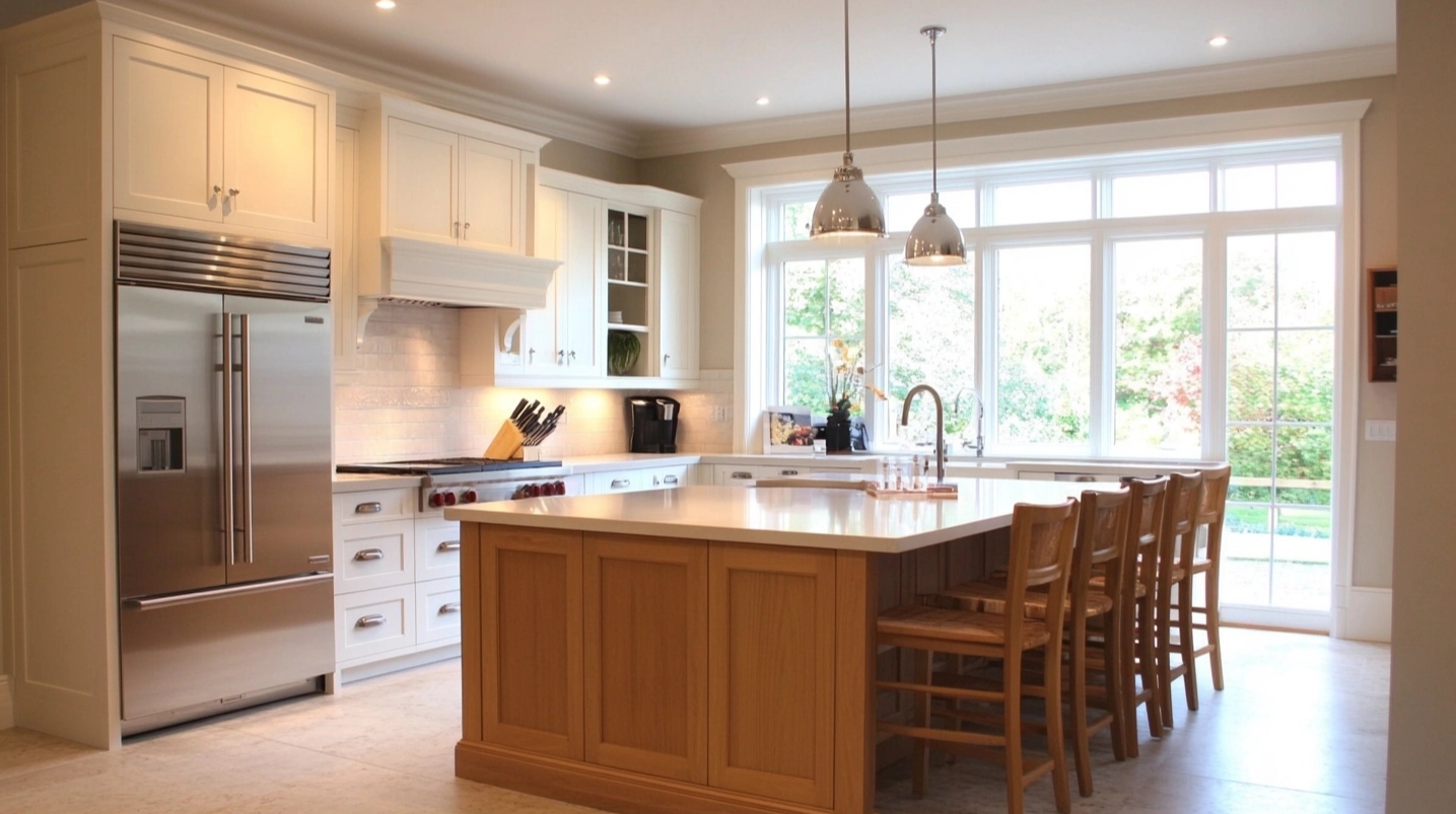 Why Are American Woodmark Cabinets So Expensive? 1 Modern kitchen with American Woodmark white cabinets and large island