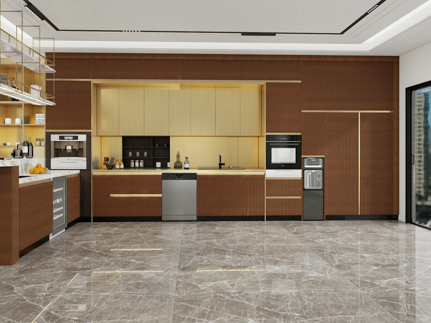 Why Choose Wood Kitchen Cabinets in Saudi Arabia: A Comprehensive Guide 1 Modern kitchen design with wood kitchen cabinets and marble floors in Saudi Arabia, showcasing sophisticated and luxurious style.