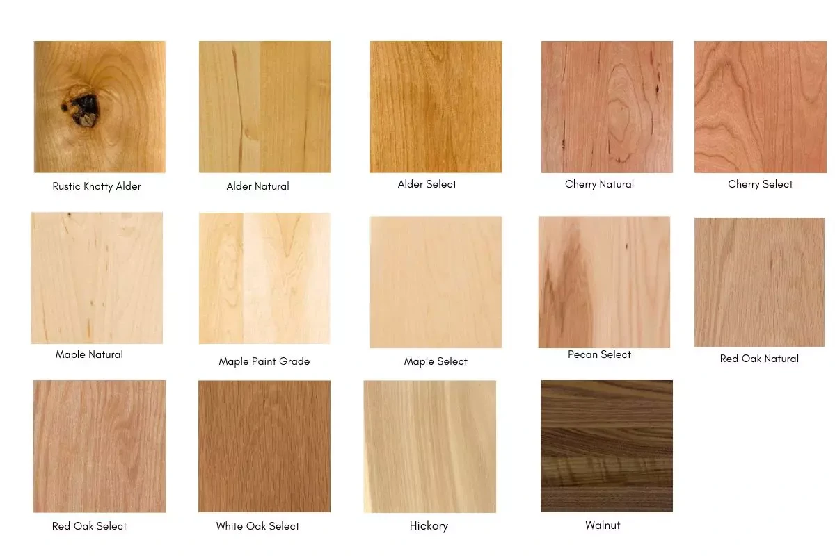 A variety of wood species for cabinet materials, showcasing options for durable and aesthetic kitchen and storage cabinets in UAE.