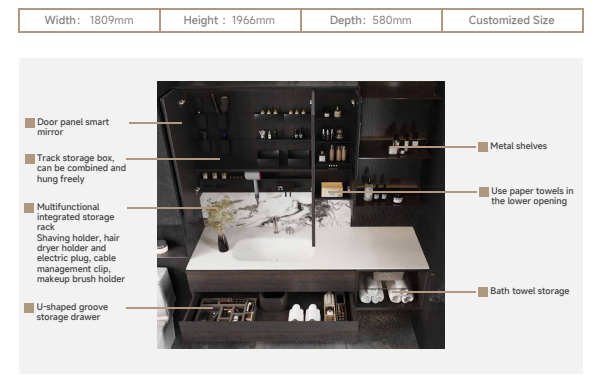 What Are the Perfect Bathroom Cabinet Dimensions? 1 Custom bathroom vanity dimensions with integrated storage, smart mirror, and efficient design features.