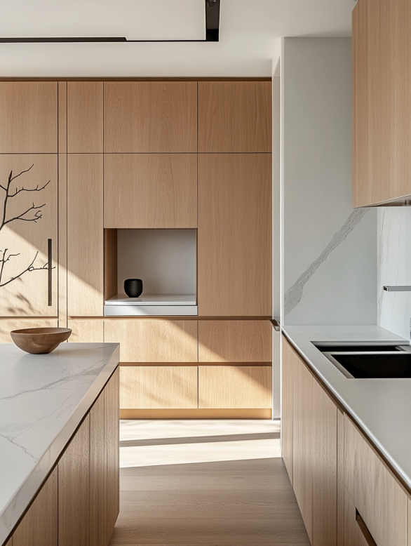 1. modern-kitchen-pantry-cabinet-neutral-tones Modern kitchen pantry cabinet with clean, neutral tones including white, light gray, and natural wood finishes like light oak and white oak.