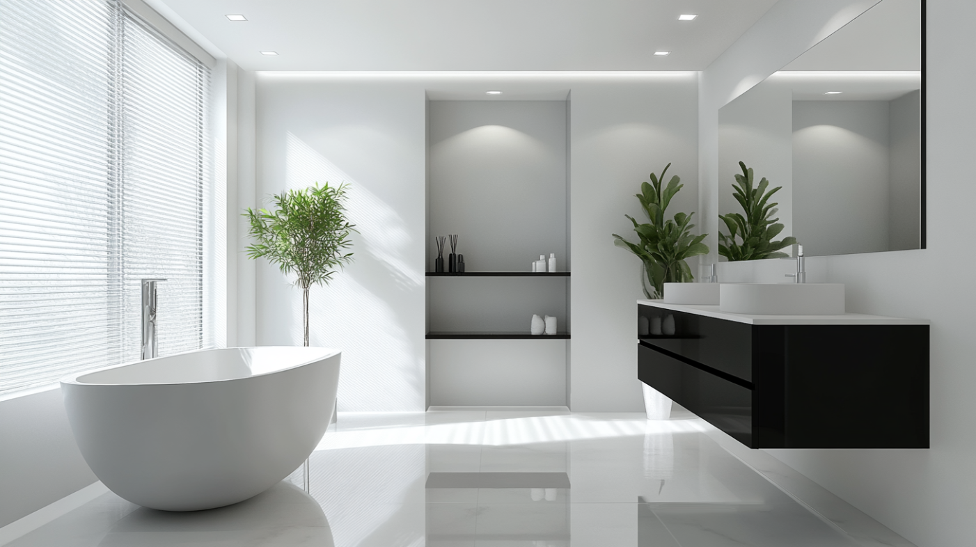 Stylish Black Bathroom Cabinet Designs for Modern Spaces 1 Modern bathroom featuring a sleek black floating vanity with a minimalist design, a white freestanding bathtub, and large windows for natural light.