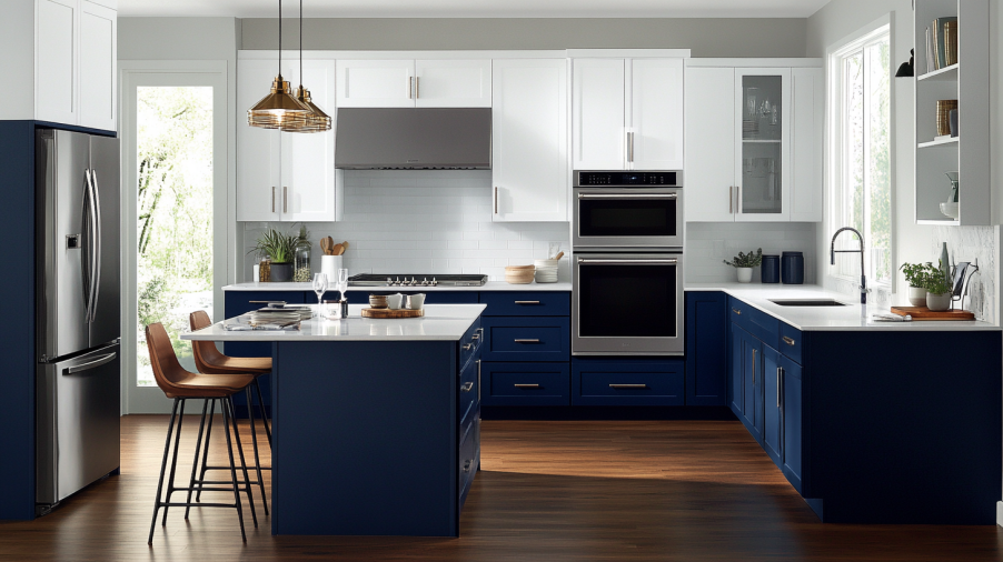 Modern two-toned kitchen cabinets with white upper and navy blue base for striking contrast.