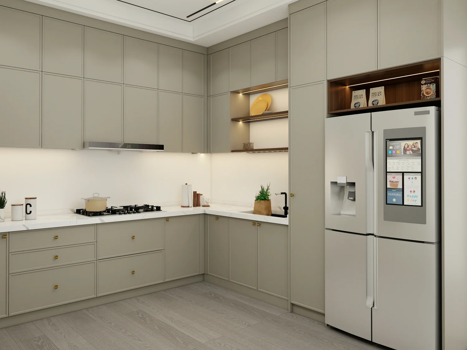 Space-Saving Wall Kitchen Cabinet Designs for Small Kitchens 10 Kitchen with under-cabinet LED lighting to enhance visibility and create a warm ambiance in a compact space.