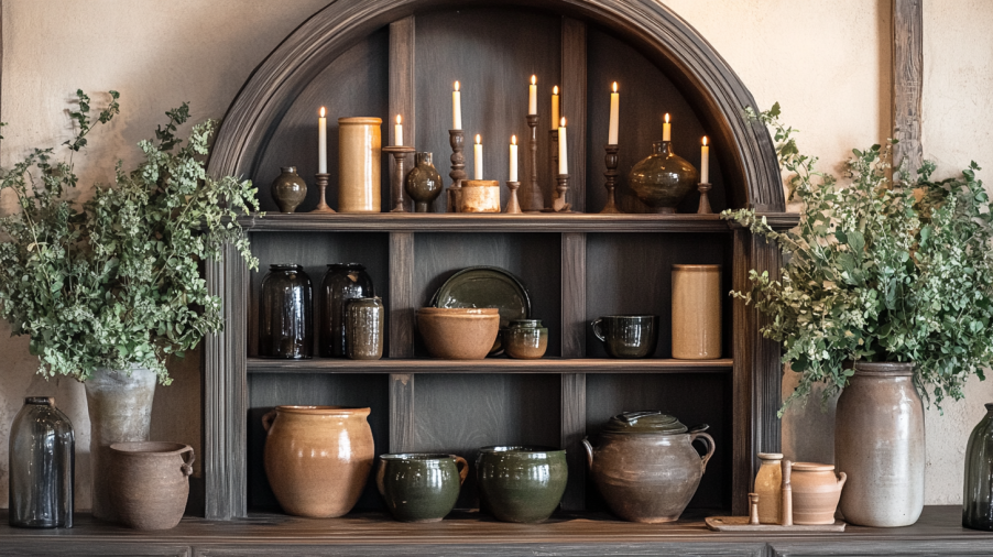 An arched cabinet styled with balanced decor, heavy vases on the bottom, and light candles and greenery above.