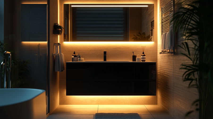 A modern black vanity illuminated with integrated LED lighting, creating a warm and inviting glow.