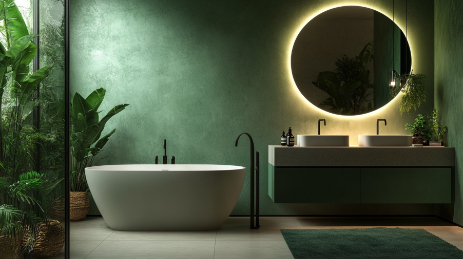 A modern green bathroom vanity with integrated LED lighting beneath the cabinets, highlighting the green tones and creating ambiance.