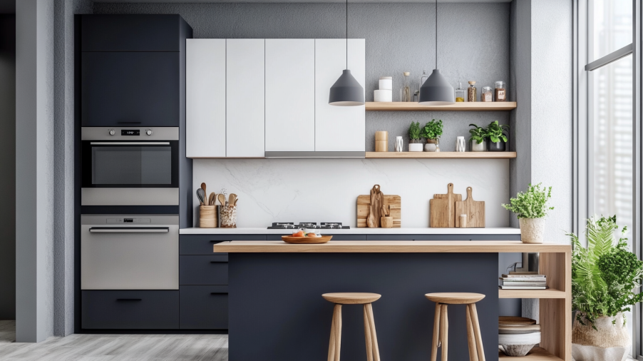 Small kitchen featuring two-tone cabinets with light upper and dark blue lower cabinets.