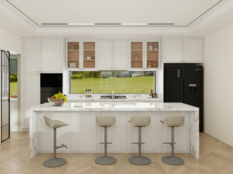 A kitchen with concealed appliances hidden inside the wall cabinets, offering a sleek and minimalist look.