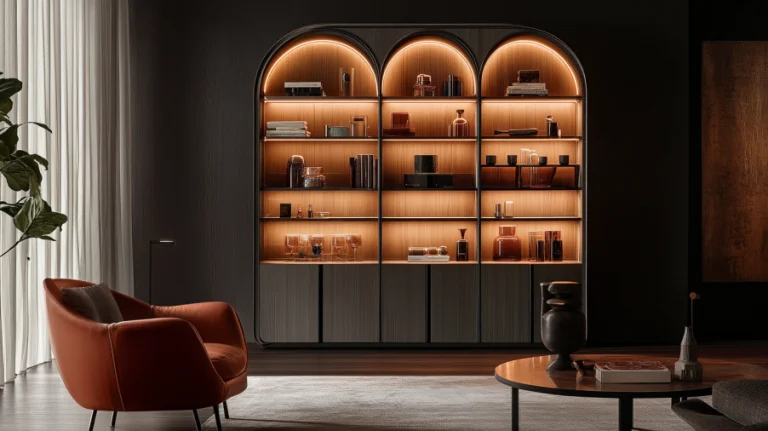 An arched cabinet illuminated with integrated LED strip lights and puck lights to highlight its curves.
