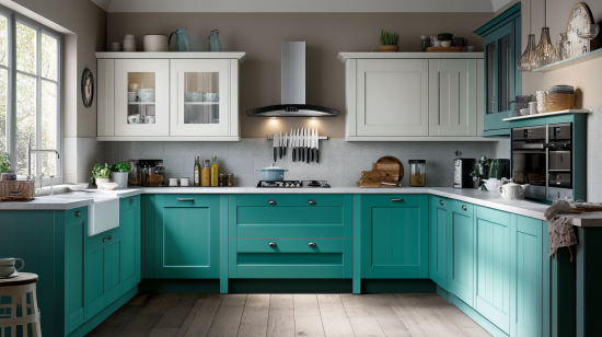 Two-tone kitchen cabinets with teal base and light gray upper cabinets for a fresh look.