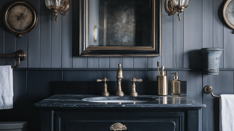 A vintage-inspired bathroom with a black vanity, antique mirrors, and classic faucet designs, adding charm to the space.