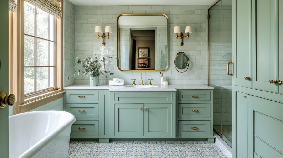 A vintage-inspired green bathroom vanity with distressed brass hardware, creating a rustic and timeless look.