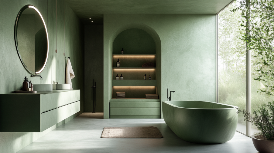 A green bathroom vanity made from eco-friendly materials, including reclaimed wood, with ample storage and recycled stone countertop.