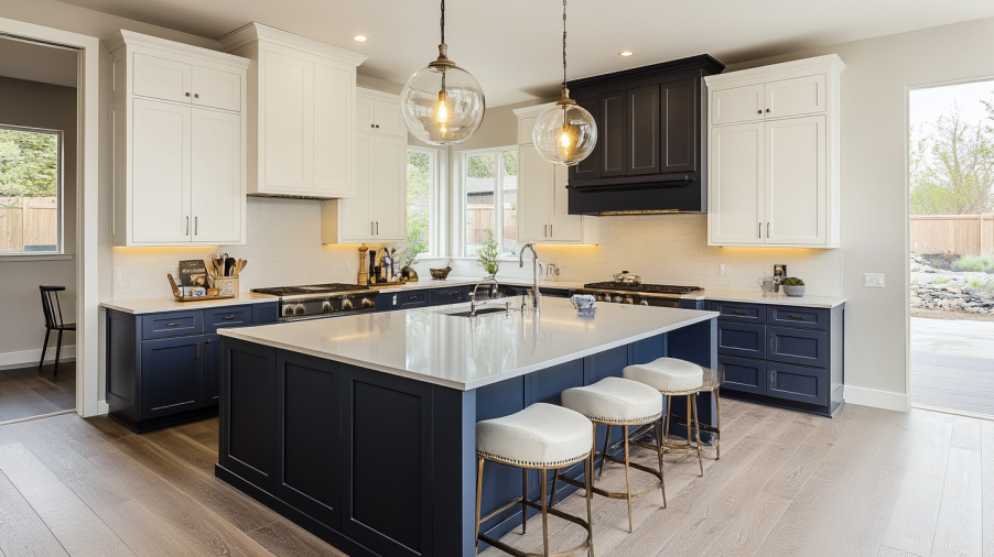 Large kitchen with dark upper cabinets and light base cabinets in a two-tone design.