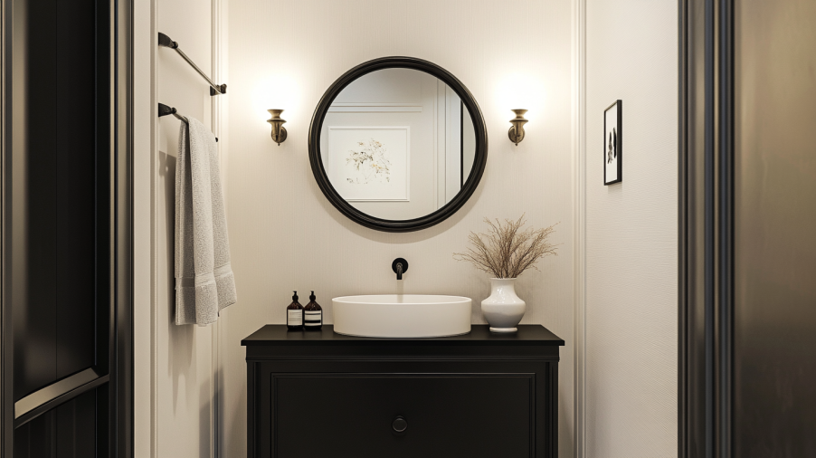 A compact powder room with a black bathroom vanity, modern fixtures, and a minimalist design.