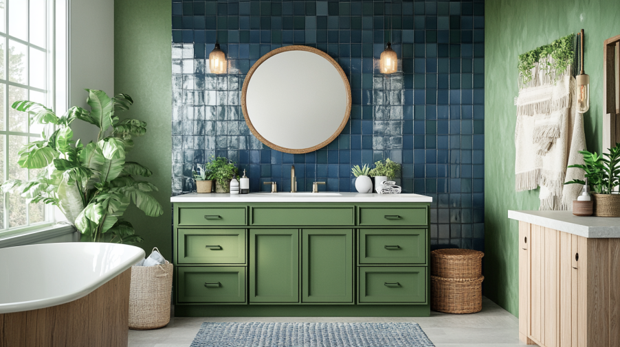 A green bathroom vanity paired with a bold navy blue accent wall, creating a modern and visually appealing contrast.