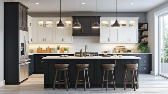 Kitchen work area with dark base cabinets and light upper cabinets for contrast.