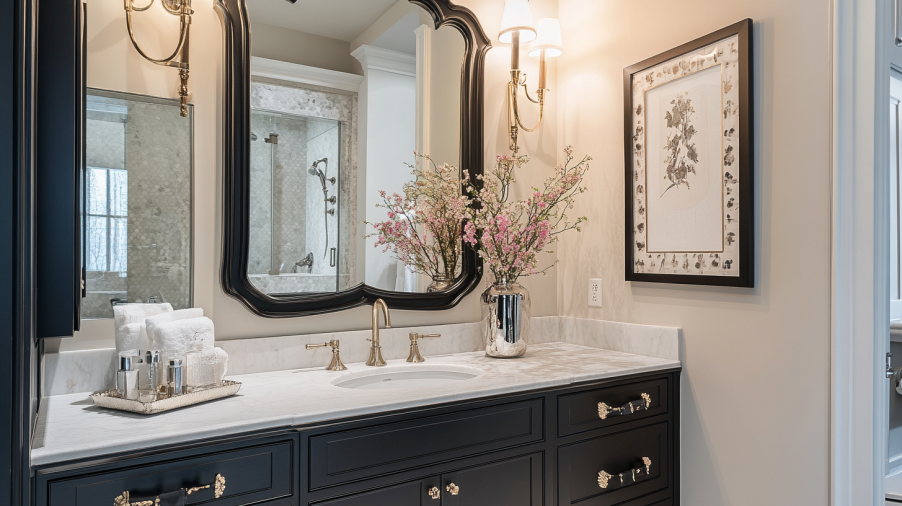 A black bathroom vanity paired with a large statement mirror, creating a focal point in the bathroom design.