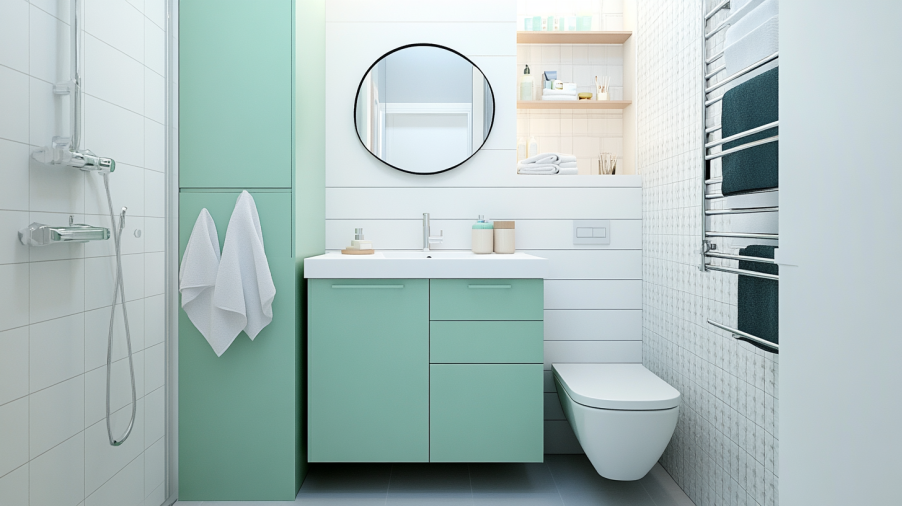 A compact mint green bathroom vanity with a white countertop and streamlined design, ideal for small spaces.