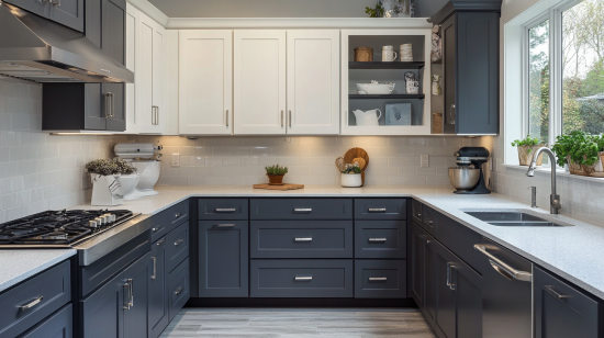 Two-toned kitchen with white upper cabinets and dark gray lower cabinets, featuring modern finishes and a clean design.