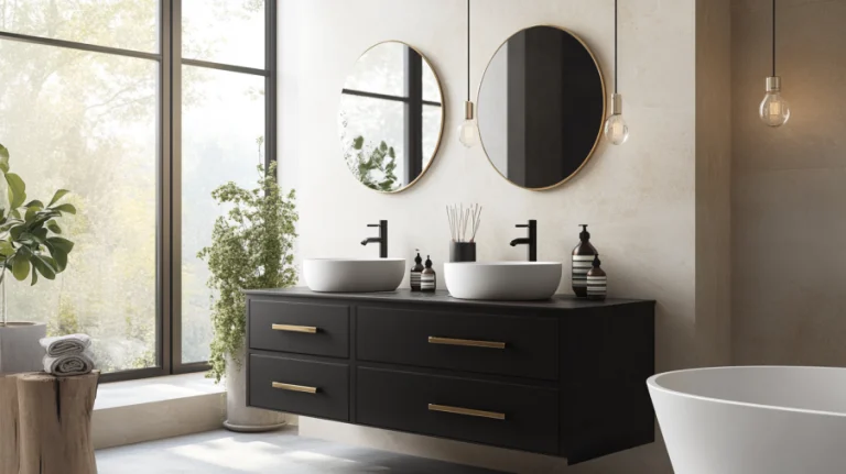 A black bathroom vanity with custom hardware, featuring matte black and gold handles that add a personal touch.