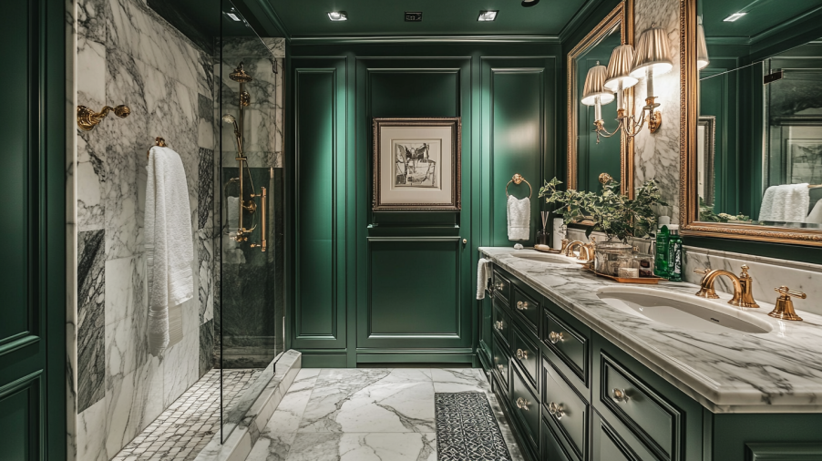 A luxurious green bathroom vanity featuring a polished white marble countertop with gray veins for a dramatic touch.