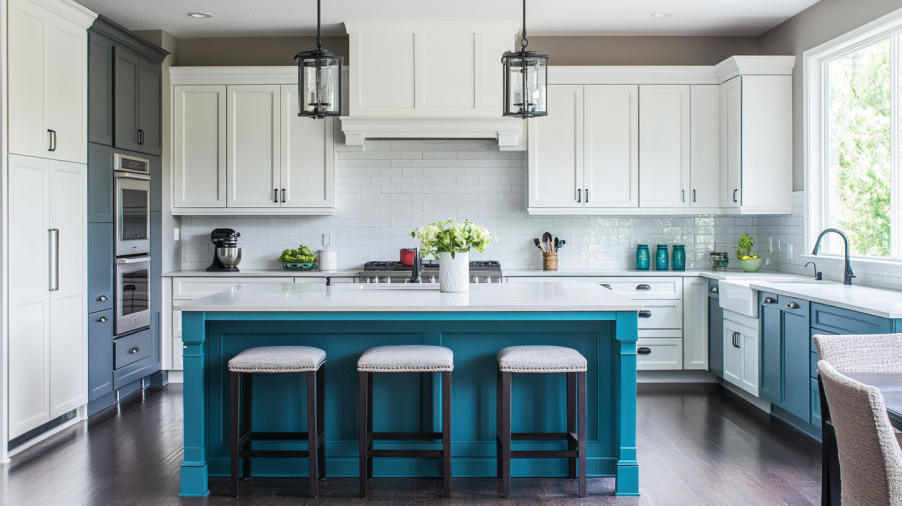 Kitchen island with contrasting color in teal and light gray, while the rest is neutral.