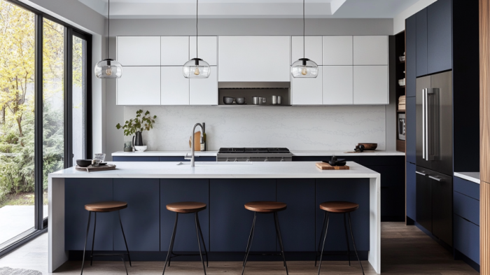 Modern two-toned kitchen with high-gloss navy blue and charcoal cabinets for a sleek look.