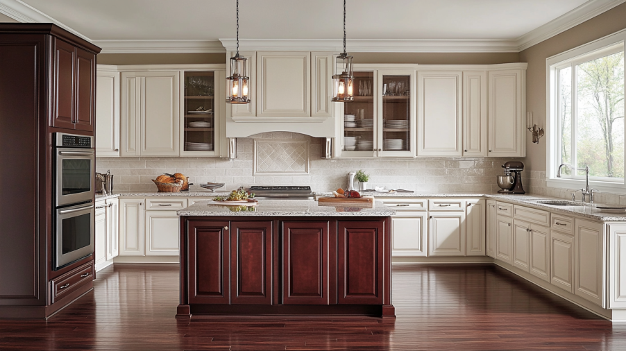 Traditional two-toned kitchen with cream upper cabinets and dark wood base cabinets for warmth.