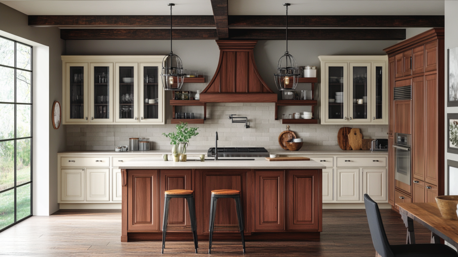 Rustic two-toned kitchen cabinets with matte wood base and light gray upper cabinets for a natural feel.