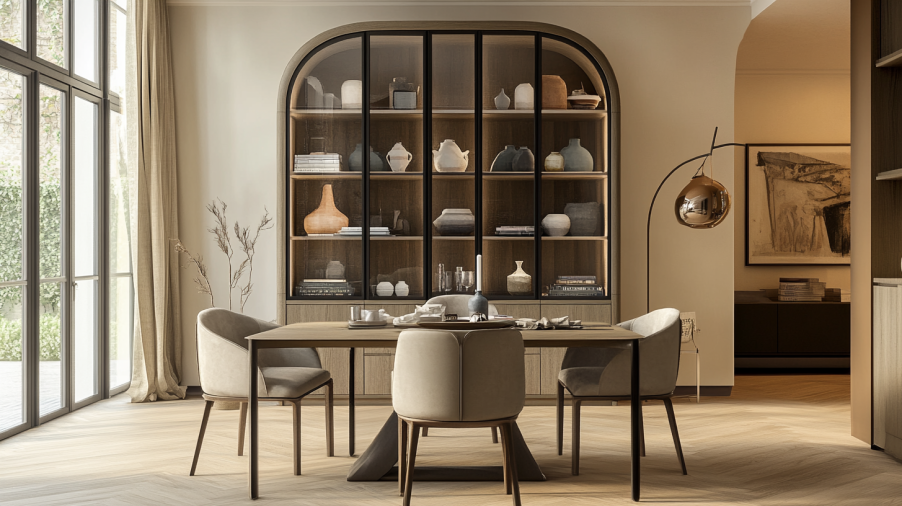 A tall arched display cabinet in a refined dining room filled with ceramic vases and books.