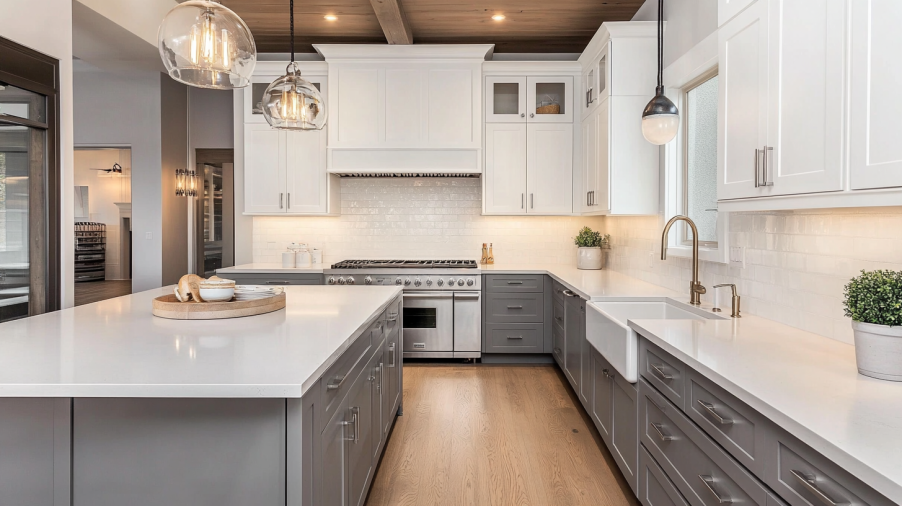 Light gray and white two-tone kitchen cabinets for a soft, modern design.