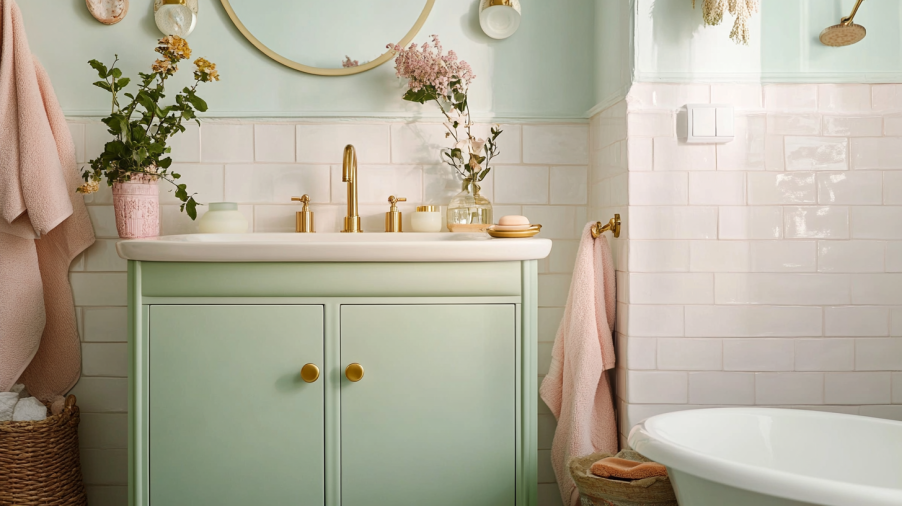 A pistachio green bathroom vanity paired with pastel subway tiles and gold hardware, creating a playful and cheerful ambiance.