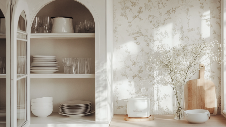 An arched kitchen cabinet with glass doors showcasing glassware and dishes.