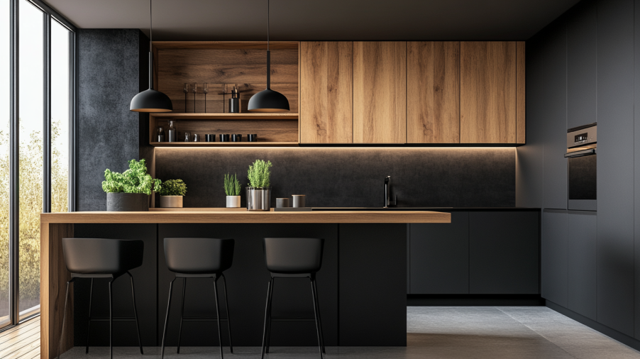 Black base cabinets paired with wood-toned upper cabinets for a sophisticated look.