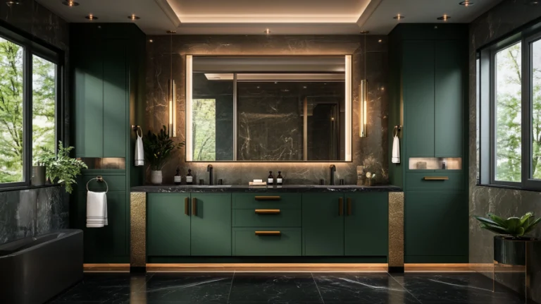 A luxurious forest green bathroom vanity with matte black faucets, gold hardware, and dark slate flooring for a high-end look.