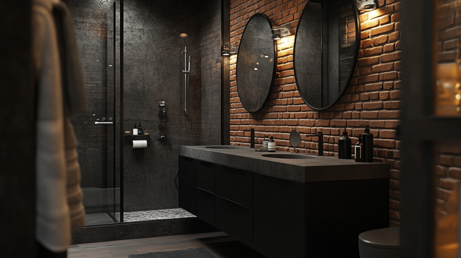 Industrial-style bathroom featuring a black vanity with a concrete countertop and exposed brick walls.