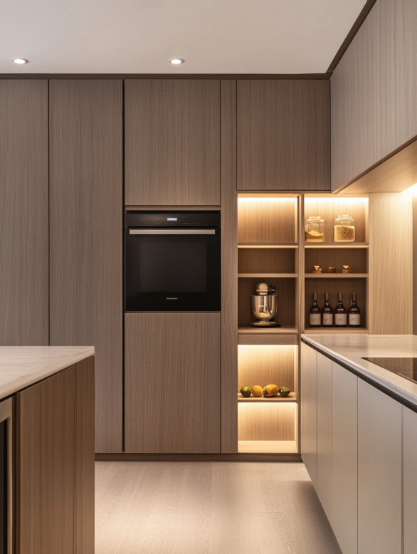 Minimalist kitchen pantry with light, natural wood cabinets in oak, maple, and ash emphasizing clean lines and organic textures.
