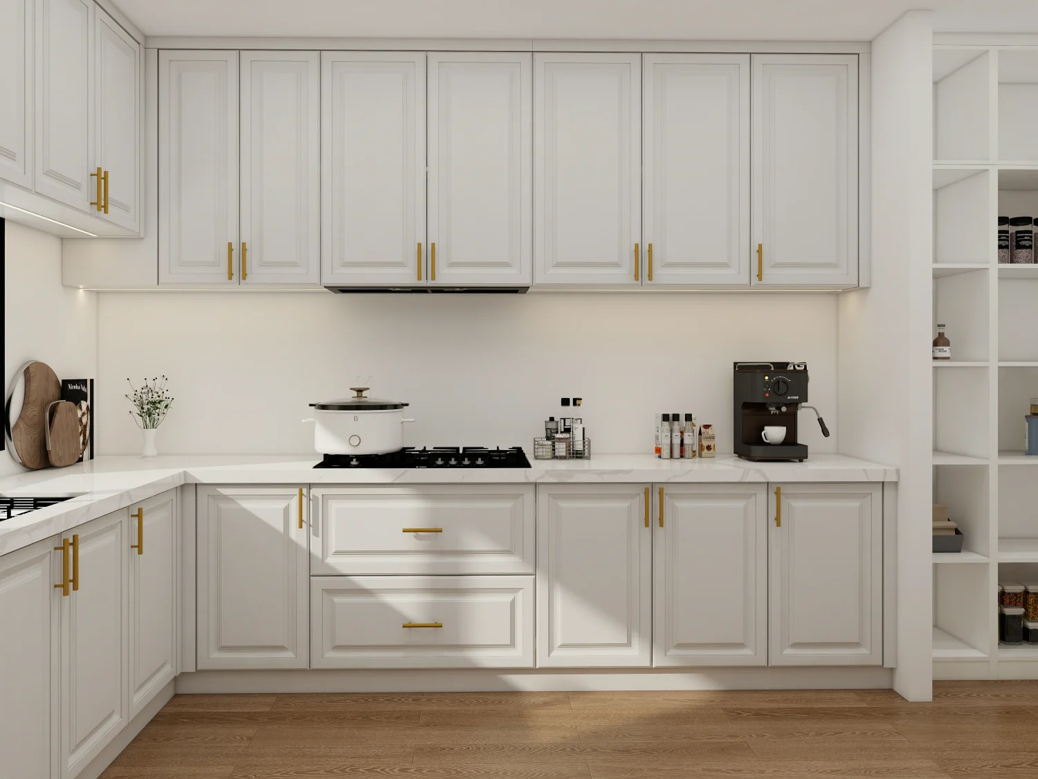 Space-Saving Wall Kitchen Cabinet Designs for Small Kitchens 4 Tall wall cabinets extending up to the ceiling, providing extra storage space in a small kitchen.